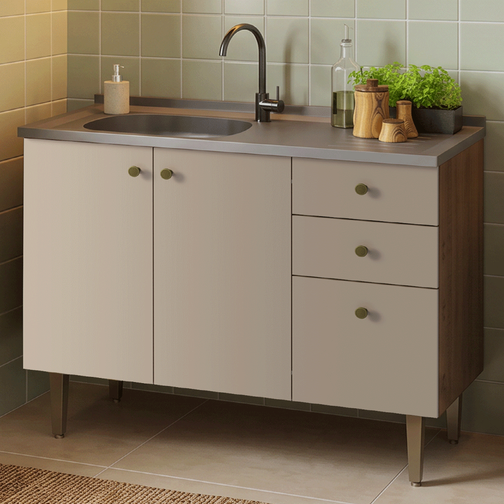Balcão Gabinete com Pia 3 Portas e 2 Gavetas 105cm Gourmet Madesa