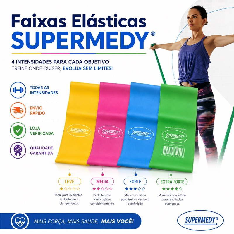 Faixa Elástica Supermedy Exercício Fisioterapia Treino Funcional Pilates 4 Intensidades