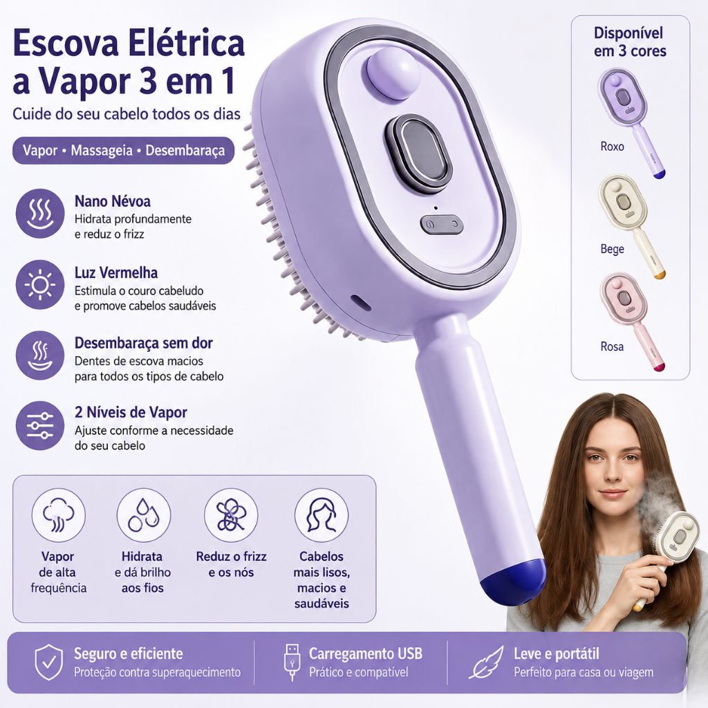 Escova Elétrica a Vapor 3 em 1 para Cabelo com Nano Névoa