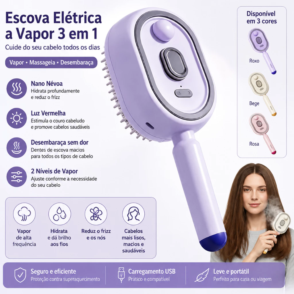 Escova Elétrica a Vapor 3 em 1 para Cabelo com Nano Névoa, Luz Vermelha e Função Desembaraçante para Cuidados Capilares — imagem 1