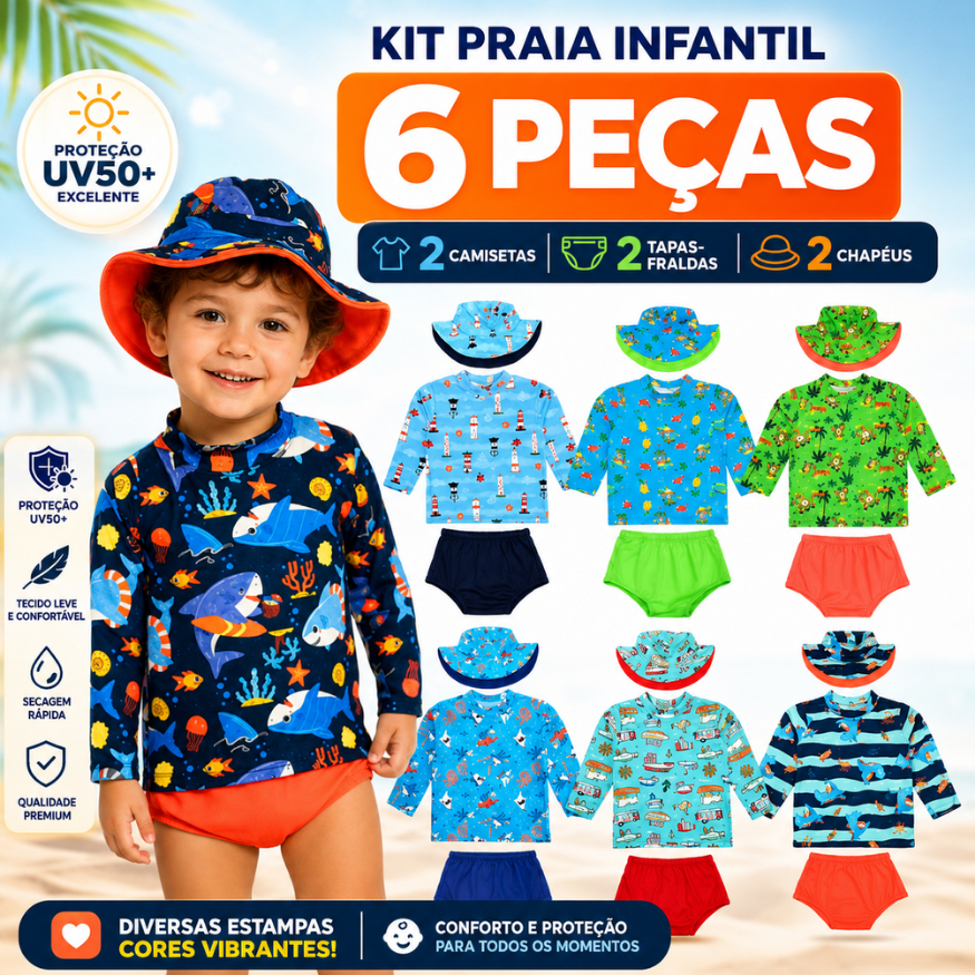 Kit Lote Sortido 6 Peças de Roupa De Praia Bebê Menino Infantil Verão Masculino