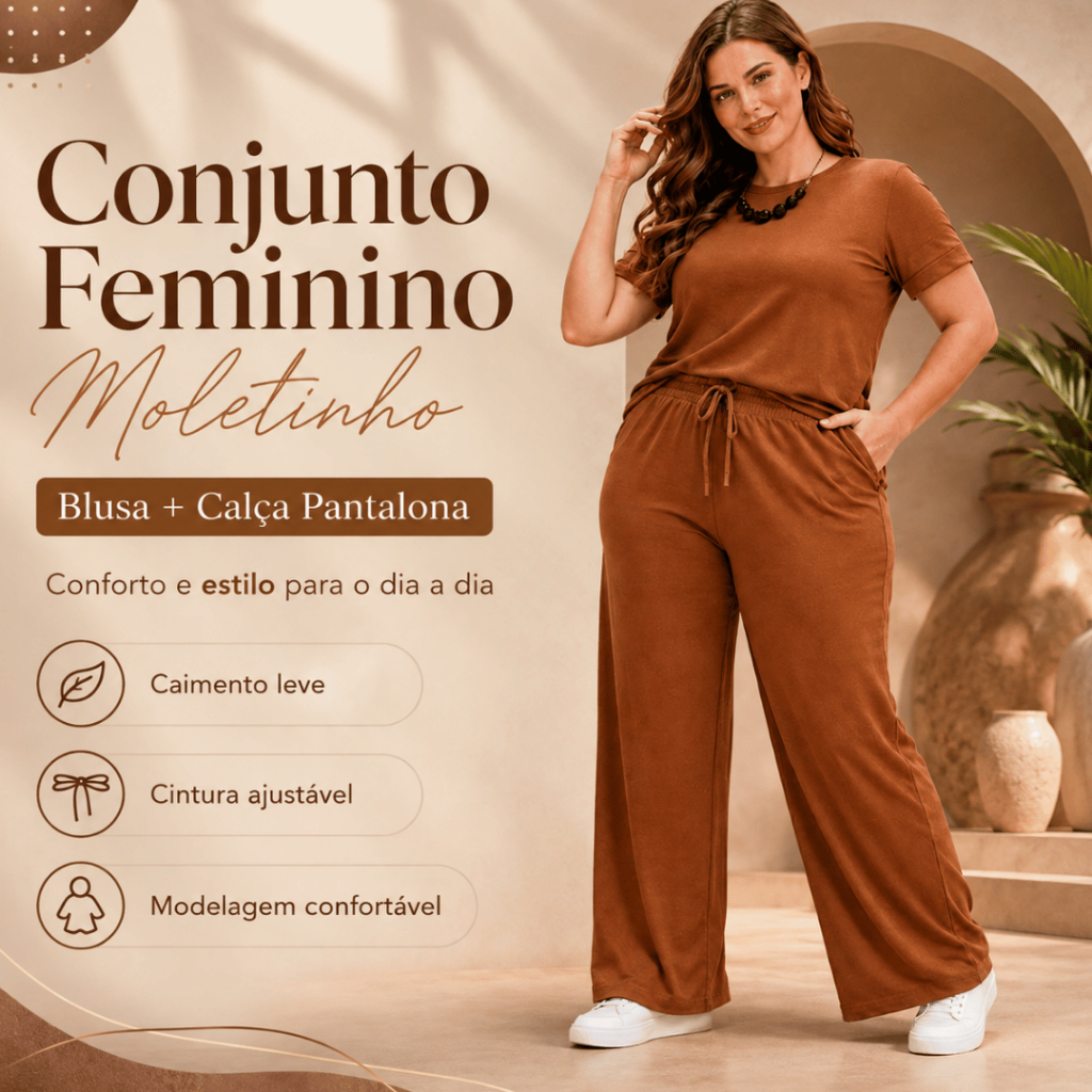 Conjunto Feminino Moletinho Blusa Manga Curta + Calça Pantalona com Bolsos Cintura Elástica Confortável G GG G1