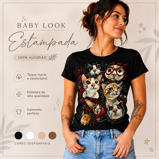Camiseta Baby Look Feminina Gatinhos Estampada 100% Algodão Blusa Feminina Casual