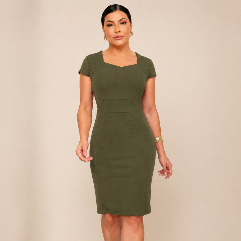 Vestido Tubinho Midi Decote Princesa – Moda Evangélica Elegante - manga japonesa Confortável DIANA