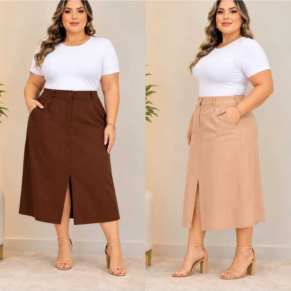 Saia Midi Plus Size Feminina Sensorial Marrant Cintura Alta Fenda Frontal Bolso Elegante G1 G2 G3