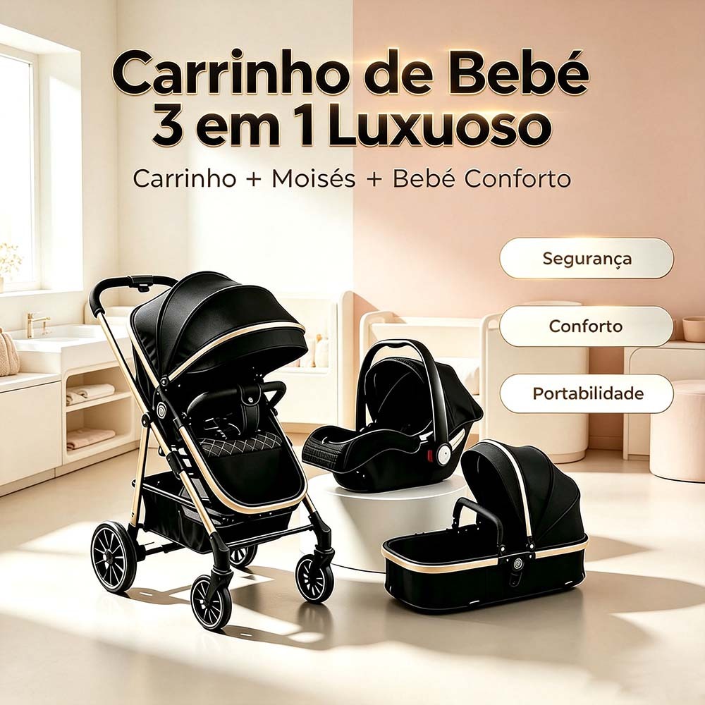 Carrinho Completo 3 EM 1 Com Moisés e Bebe Conforto – Seguro e Confortável, O Preferido das Mamães！