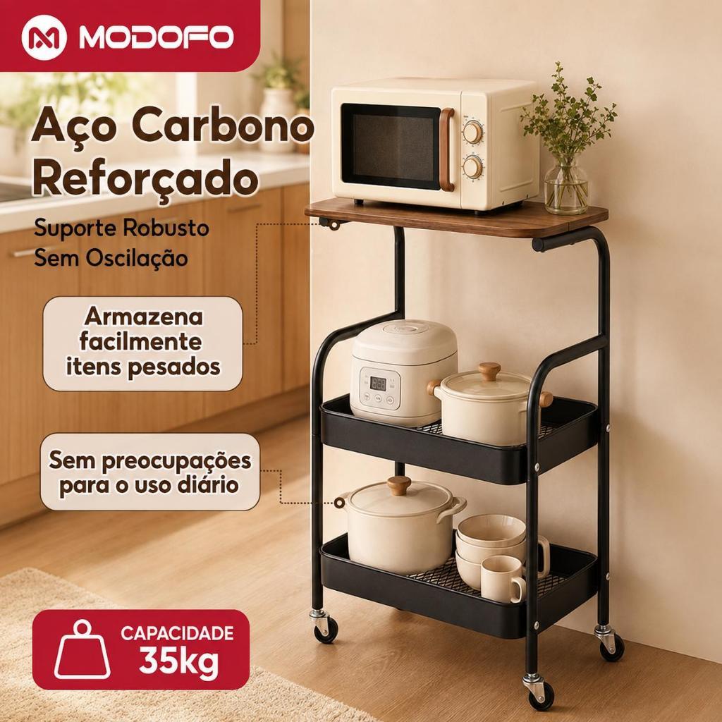 [MODOFO] Carrinho Organizador Multiuso 3 Prateleiras e Alça Auxiliar Em Aço Com Rodinha Reforçado