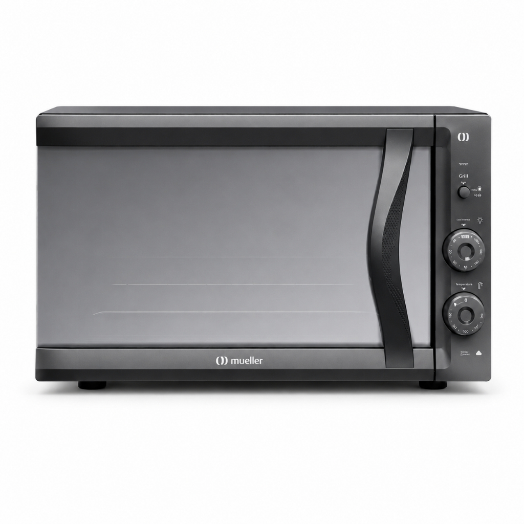 Forno Elétrico Mueller 50L Cinza Espelhado 900W Grill Timer Vidro Duplo e Controle de Temp
