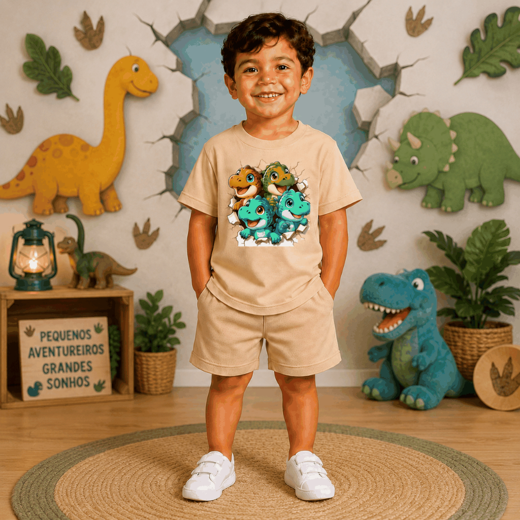 Conjunto Infantil Menino Estampa Dinossauros Baby em Algodão Premium Kit Camiseta + Short