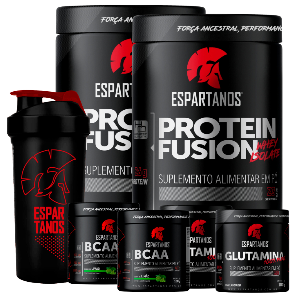 Kit 2x Whey Fusion + 2x Bcaa + 2x Glutamina + Shaker - Espartanos