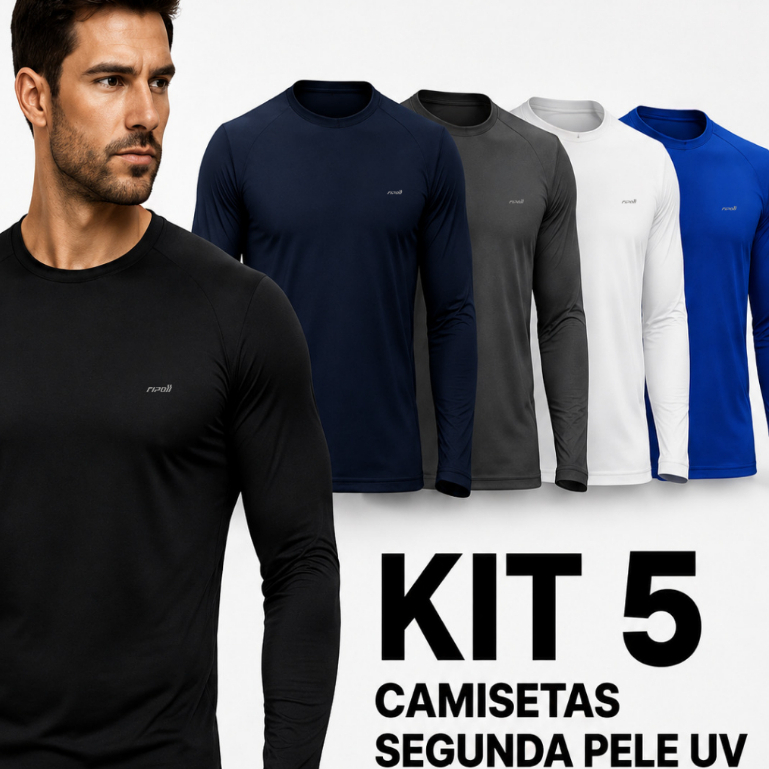 Kit 5 Camisa Camiseta Masculina Manga Longa Proteção Solar Uv Segunda Pele Malha Fria Praia Academia