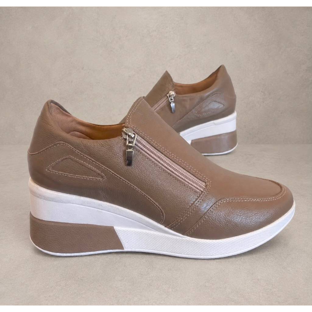 Tênis Salto Plataforma Anabela Sneaker Couro Lançamento confortável ortopédico fascite plantar