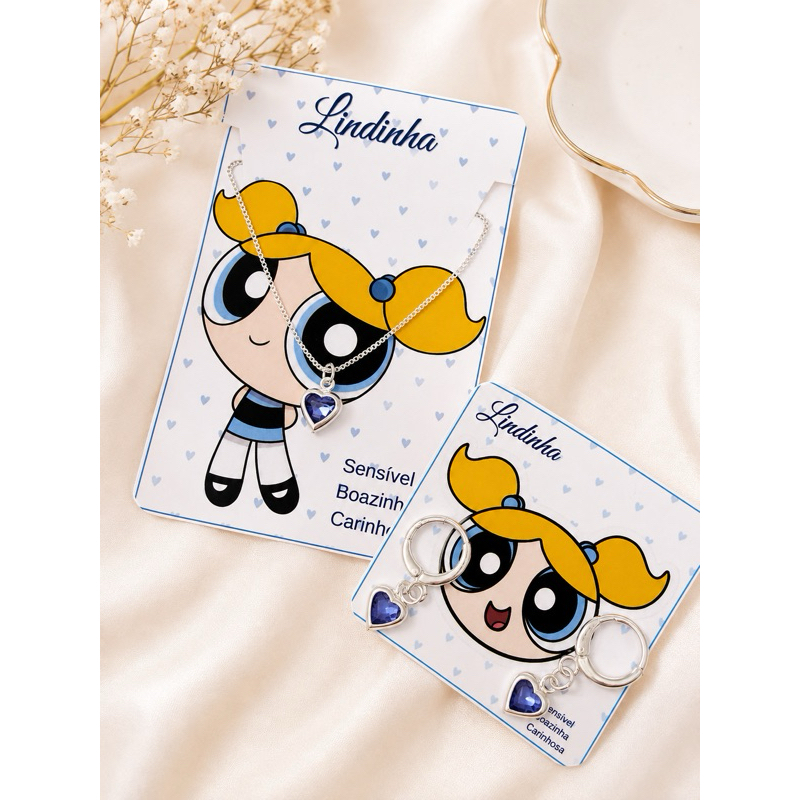 Conjunto Infantil Lindinha Meninas Superpoderosas – Colar e Brinco Banhado a Prata 925 Presente Dia das Crianças