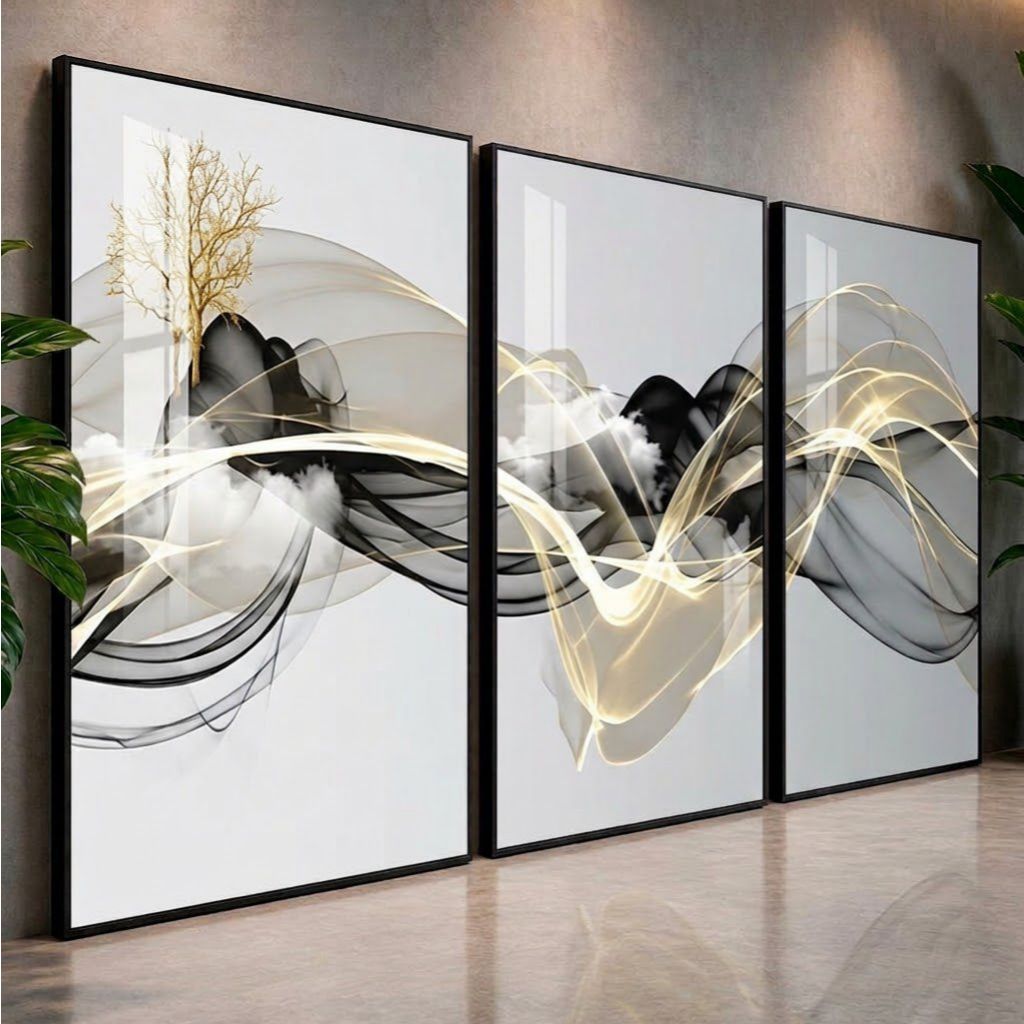 Quadro Decorativo Sala Abstrato Linha Gold Moldura Moderna