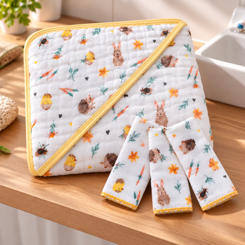 Kit 1 Toalha Banho Soft Bebe Capuz Fralda Grossa + 3 paninhos boca 100% Algodão Menino Menina
