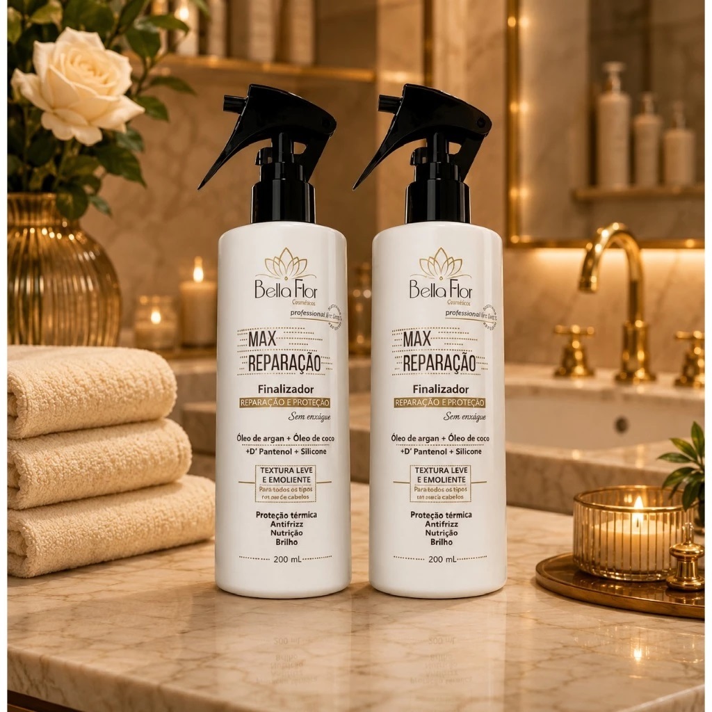 Kit 2 Reparador de Pontas 250ml Protetor Térmico Anti-Frizz D-Pantenol Óleo de Argan e Coco Bella Flor Finalizador