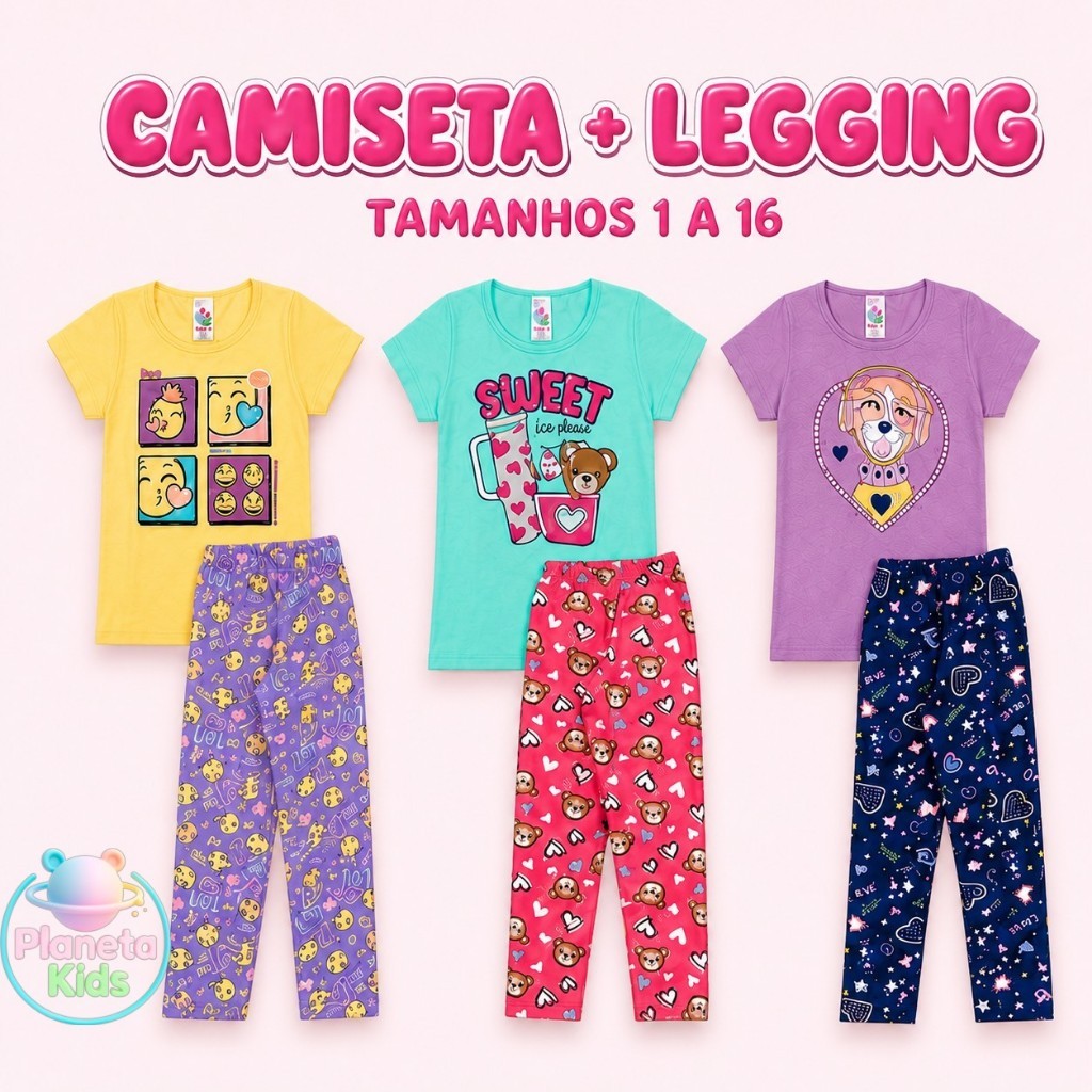 Conjunto Camiseta e Legging Infantil Juvenil Feminino 1 a 16 - Conjunto Menina Fashion e Confortável