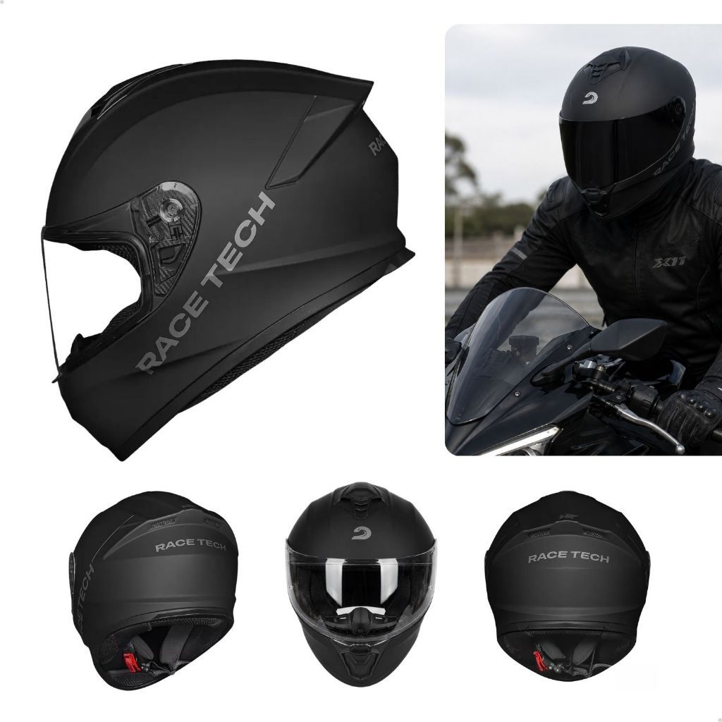 Capacete Race Tech Hit Monocolor Matte Black Preto Fosco Fechado