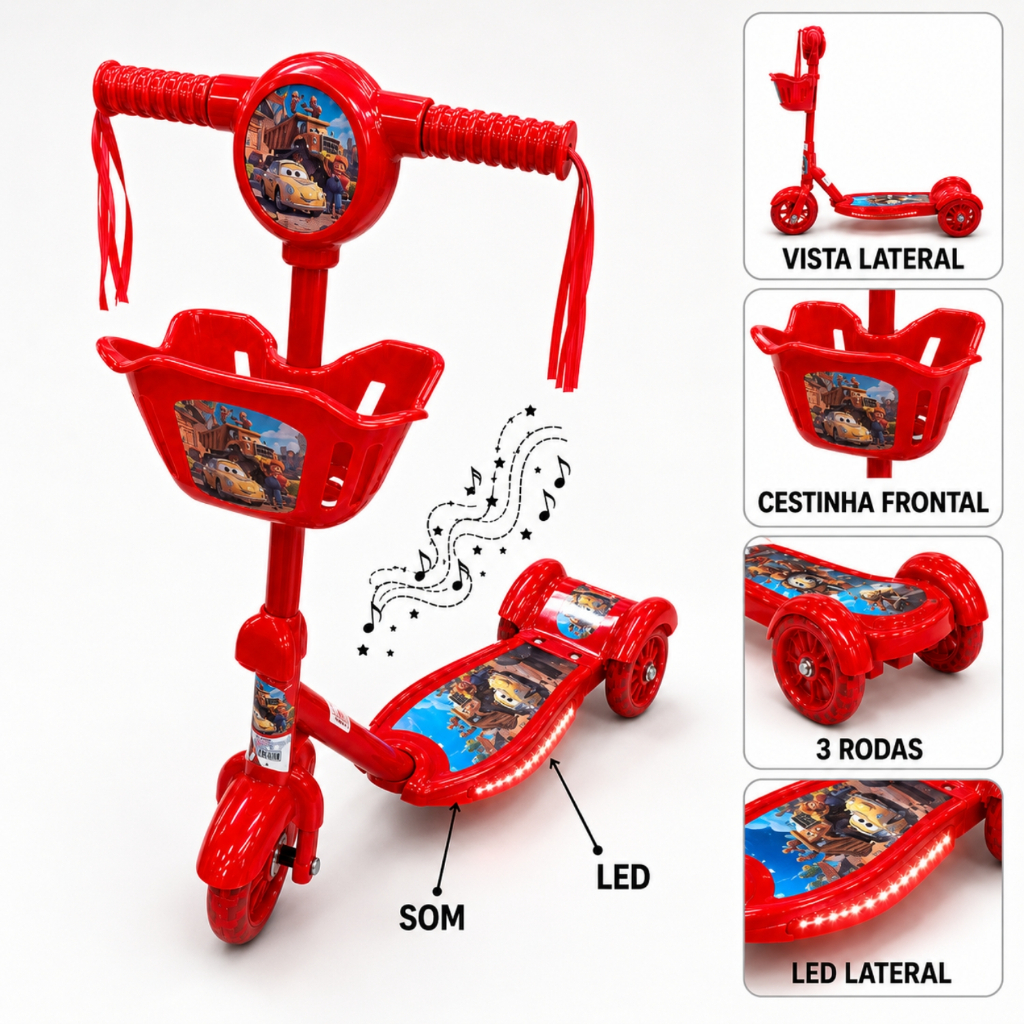 Patinete Infantil Carros Vermelho 3 Rodas e Freio Com Luz LED Som Musical Cestinha Brinquedo Menino Criança
