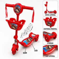 Patinete Infantil Carros Vermelho 3 Rodas e Freio Com Luz LED Som Musical Cestinha Brinquedo Menino Criança