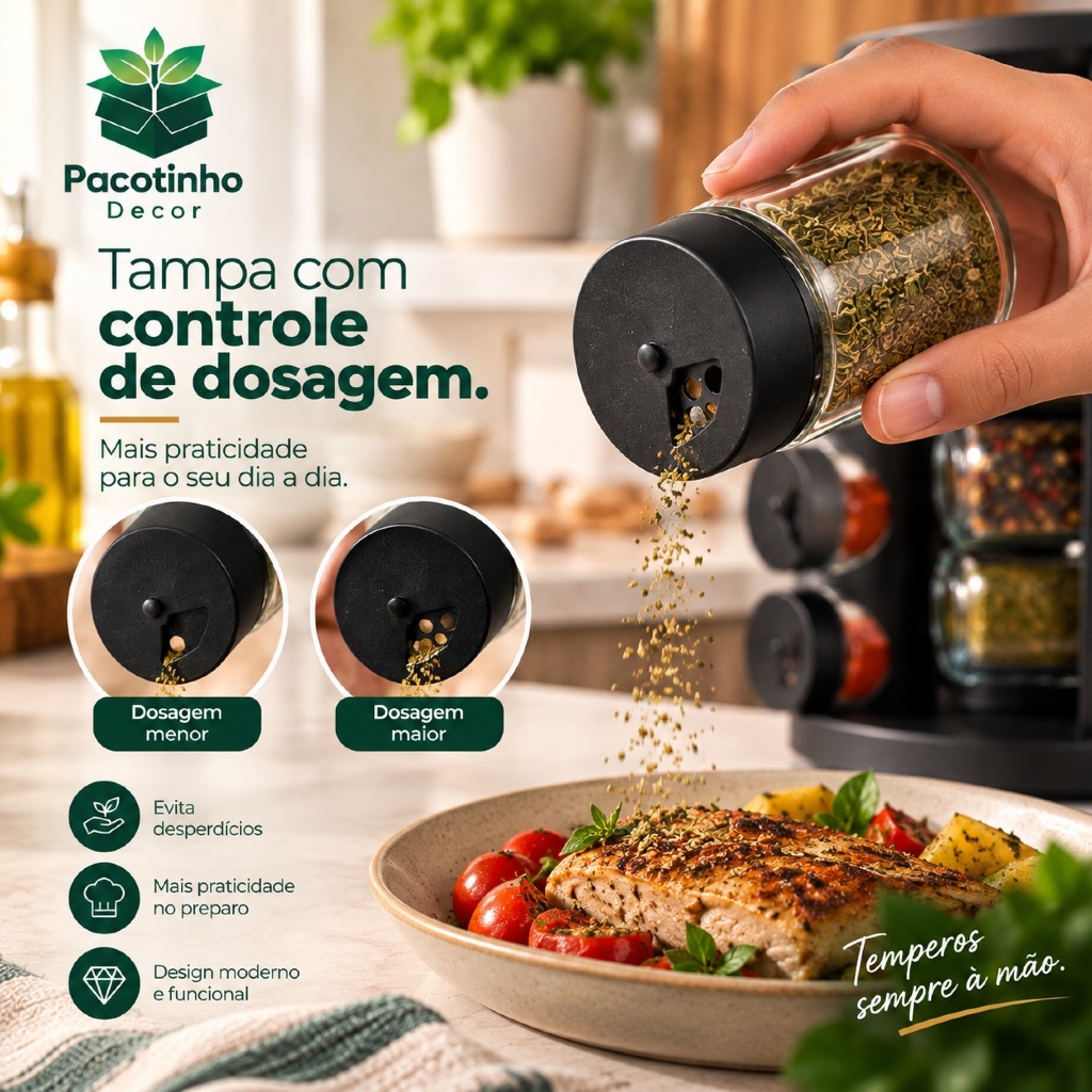 Porta Condimentos Giratório 360° com 6 Potes de Vidro – Organizador de Temperos Cozinha Preto — imagem 2 de 2