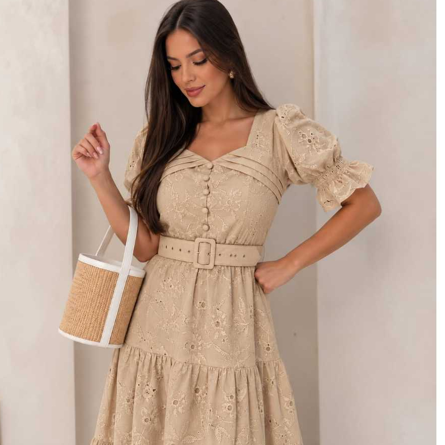 Vestido Midi Lese Bordado com Cinto Encapado feminino evangelico casual