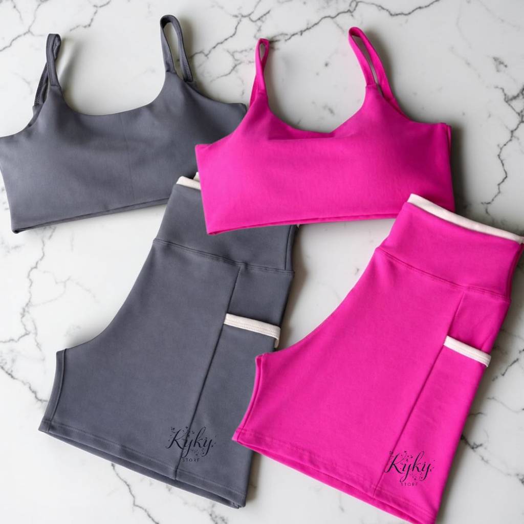 Kit 2 Conjuntos Feminino Line Academia Top Costas Nua Bojo Removível Shorts Cintura Alta Bolso Grosso Zero Transparência