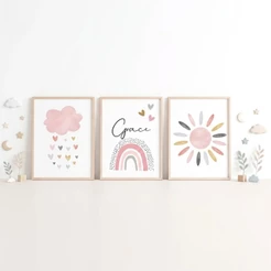 Quadro Decorativo Rosa Nome Balão Estrela Arcos Iris Coração Colorido Abstrato Quarto Menina
