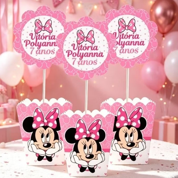 kit Centro de Mesa Personalizado Caixa Cachepot Minnie Rosa Cachepô Enfeite Arranjo