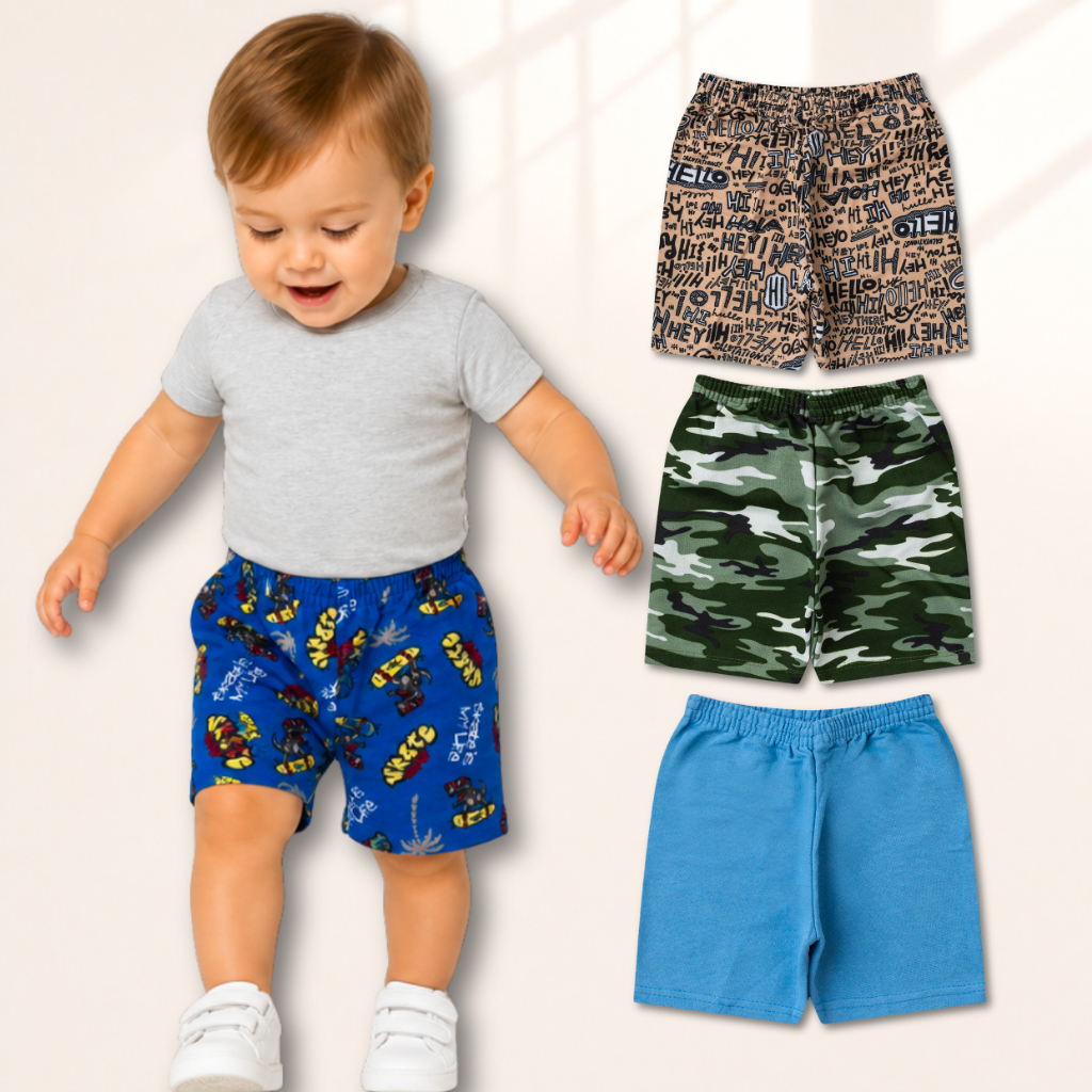 Kit 3 Bermudas Infantil Para Meninos Cores e Estampas Sortidas Masculino Tamanho 1 ao 14