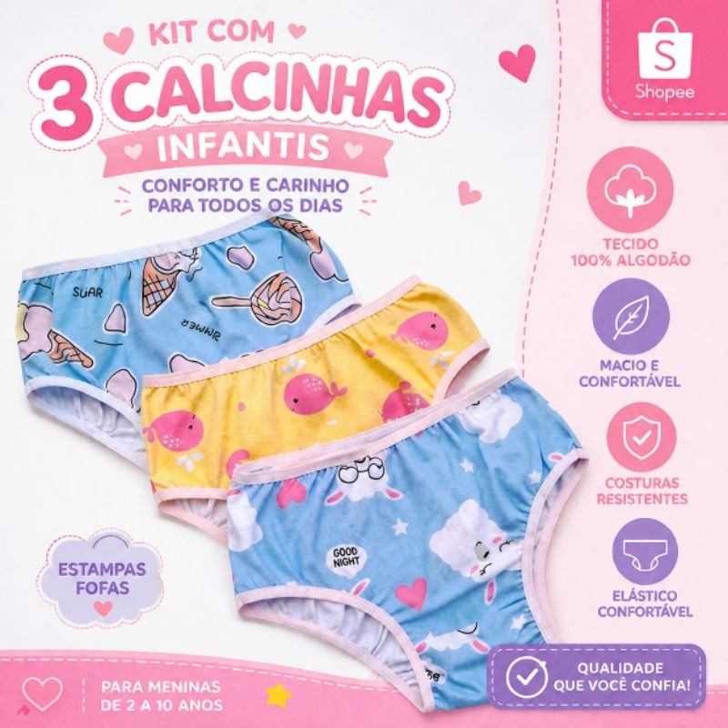 Kit 3 Calcinhas Infantil Menina 100% Algodão Macia Confortável Forro Duplo PP ao G Desfralde Menina Moça
