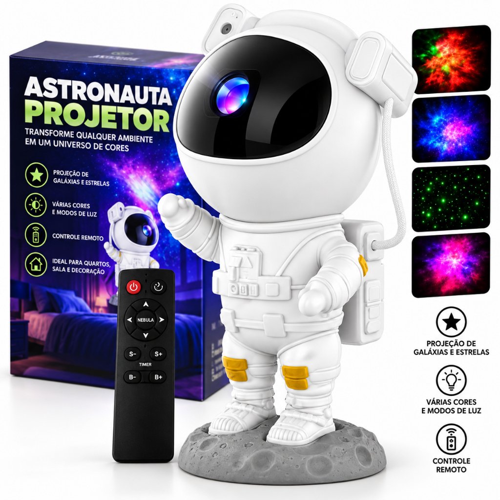 Projetor Astronauta Galáxia Estrelas e Nebulosa com Controle Remoto Luz Noturna para Quarto