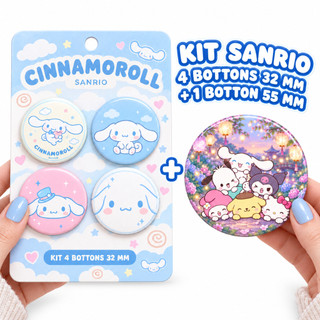 Kit com 4 bottons 32mm + 1 botton 55mm Sanrio Cinamonroll/Kuromi/Pochacco/My Melody/Hello Kitty