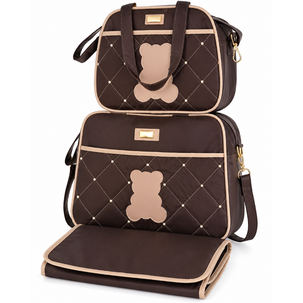 Bolsa Maternidade Menino e Menina Kit 3 Peças Trocador Conjunto Mamãe Bebê Bolsas Mala Saída Maternidade C/ Detalhe Urso
