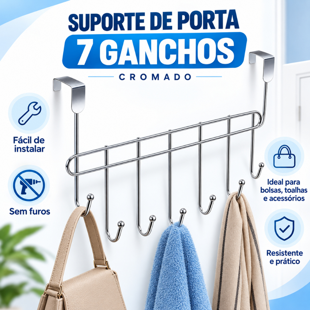 Suporte Cabideiro De Porta Para Quarto 7 Ganchos Provador Pendurador Toalha Bolsas Roupas Arthi