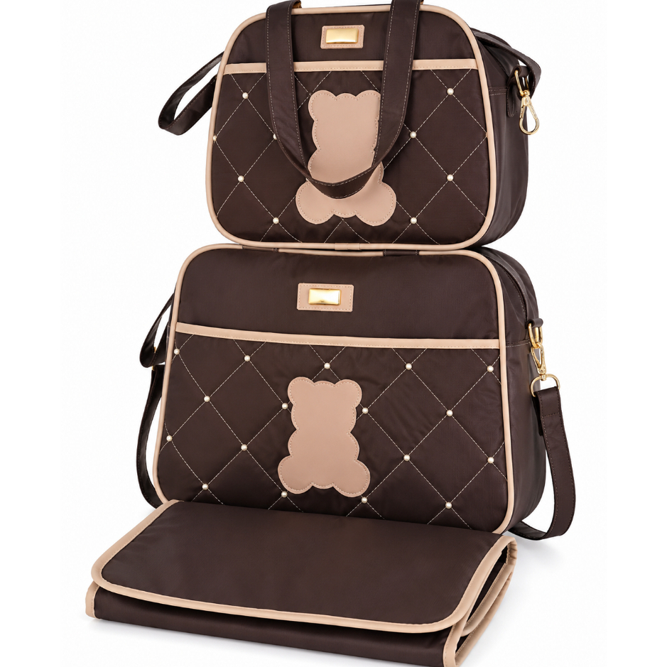 Kit Bolsa Maternidade 3 Peças Impermeável com Ursinho – Bolsa Grande, Bolsa Pequena e Trocador