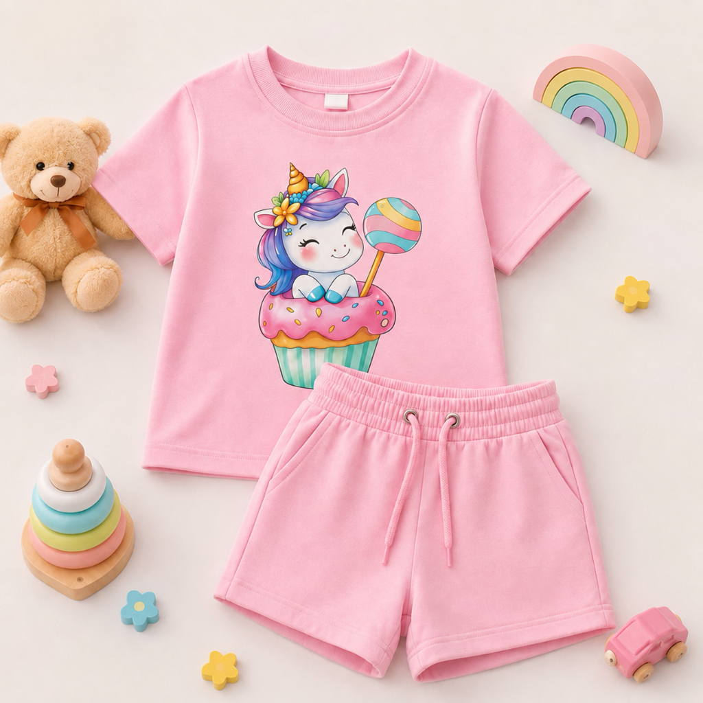 Conjunto Infantil Feminino Camiseta e Short Moletinho Unicornio Roupa Menina 2 ao 16
