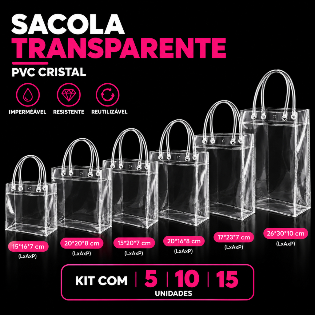 Sacola PVC Transparente para Presente Kit 5/10/15 Unidades Impermeável para Festa Lembrancinha Praia