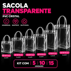 Sacola PVC Transparente para Presente Kit 5/10/15 Unidades Impermeável para Festa Lembrancinha Praia