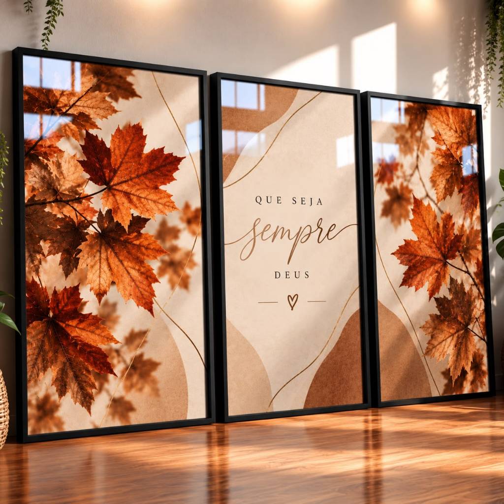 Kit 3 Quadros Decorativos Religiosos Que Seja Sempre Deus Folhas Outono Bege Marrom para Sala Quarto Escritório