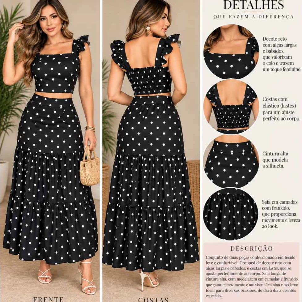 CONJUNTO LONGO FEMENIO SAIA E CROPPED COM BOJO ELASTEX NA COSTA ESTAMPA FLORAL — imagem 1