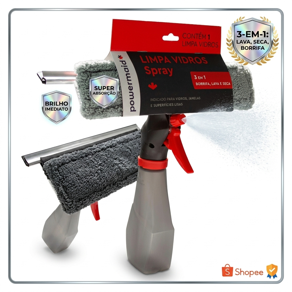 Limpador De Vidros Spray Microfibra 3 Em 1 Com Borrifador 240ml Limpa e Seca Vidros Janelas
