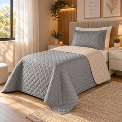 Kit Cobre Leito Realeza Cama Solteiro Colcha Dupla Face 02 peças Cinza com Avelã