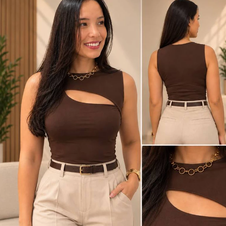Blusa Feminina Regata Cut Out Suplex Decote Vazado Assimétrico Casual Elegante Noite Balada — imagem 1