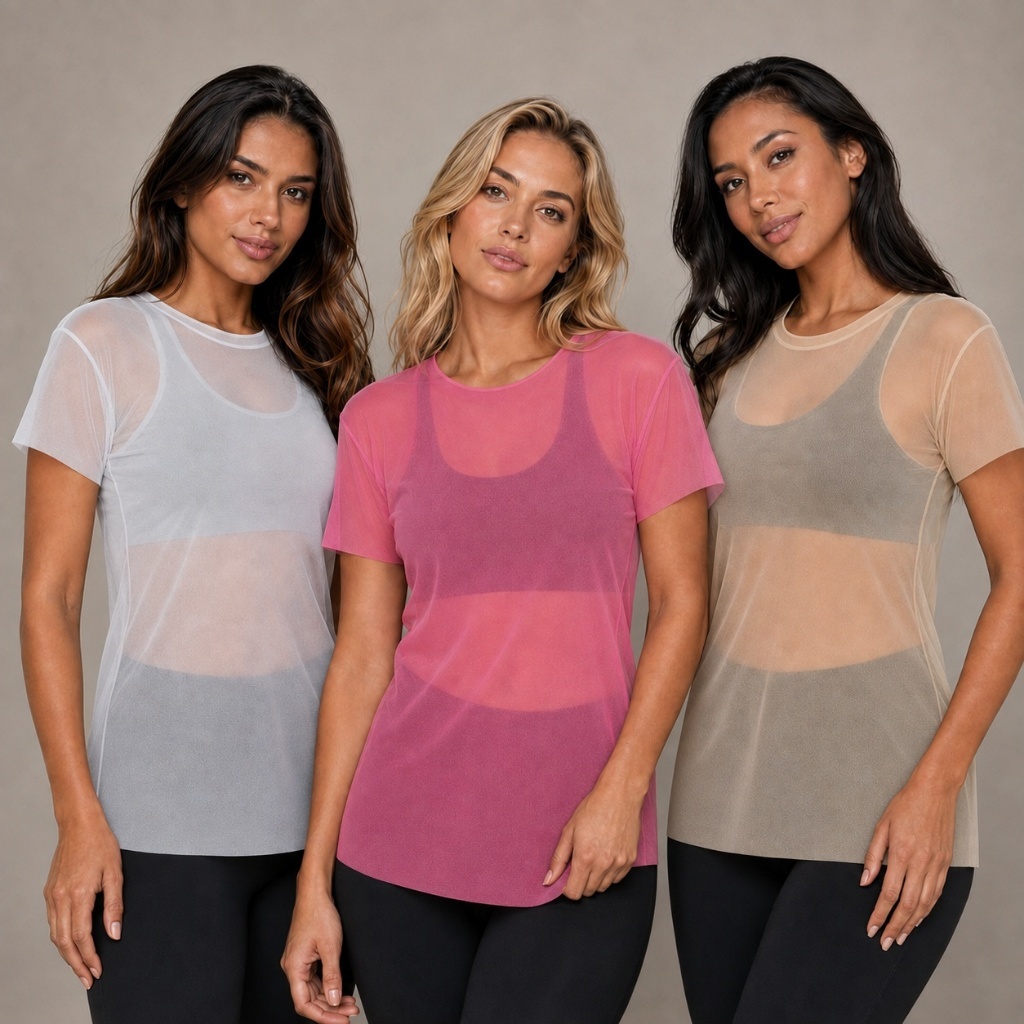 Kit 3 Blusa Feminina Transparente de Tule Manga Curta Camiseta Academia Treino Fitness Moda Esporte Tshirt Transparência