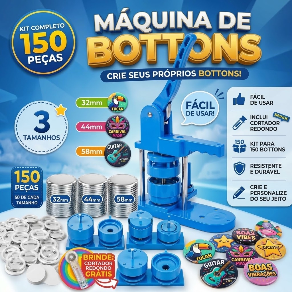 3 Kit Conjunto de Máquina de Botton Broche 32/44/58mm + 150 Jogos de Bottons de Alfinete
