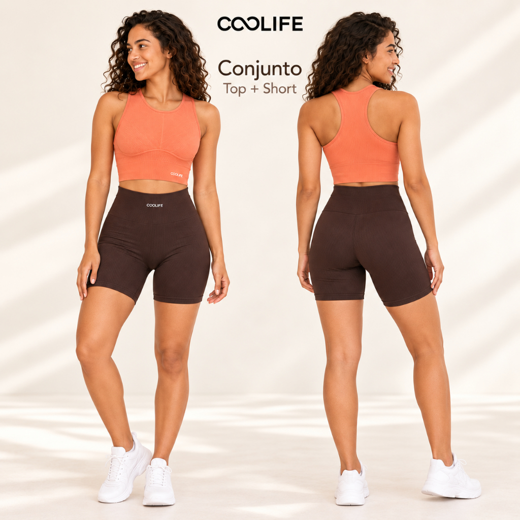Conjunto Academia Feminino Coral e Marrom Poliamida Sem Costura, Top Nadador e Short Ciclista Cintura Alta