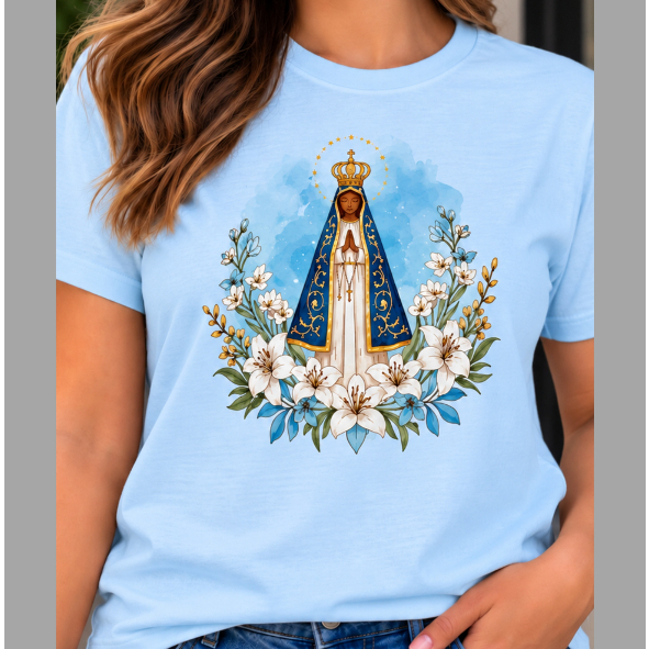 Camiseta Algodão Confortável Nossa Senhora Aparecida Camiseta Cristã Camiseta Católica Básica Envio Imediato