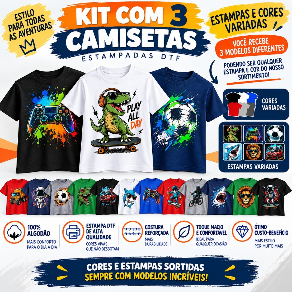 Kit 3 Camisetas Infantil Menino 100% Algodão Estampada DTF Cores Variadas 2 a 14
