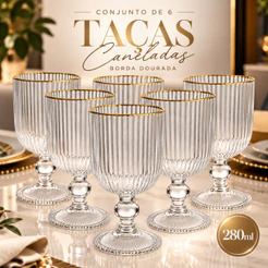 Jogo De 6 Taças Transparente Canelada Graffiato Frisada Friso Riscada 280ml De Vidro Buffet